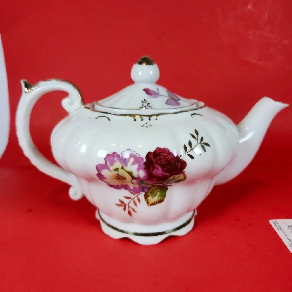 Vintage Musical Teapot White Floral Gold Trim Wind Up Novelty‎ Collectible